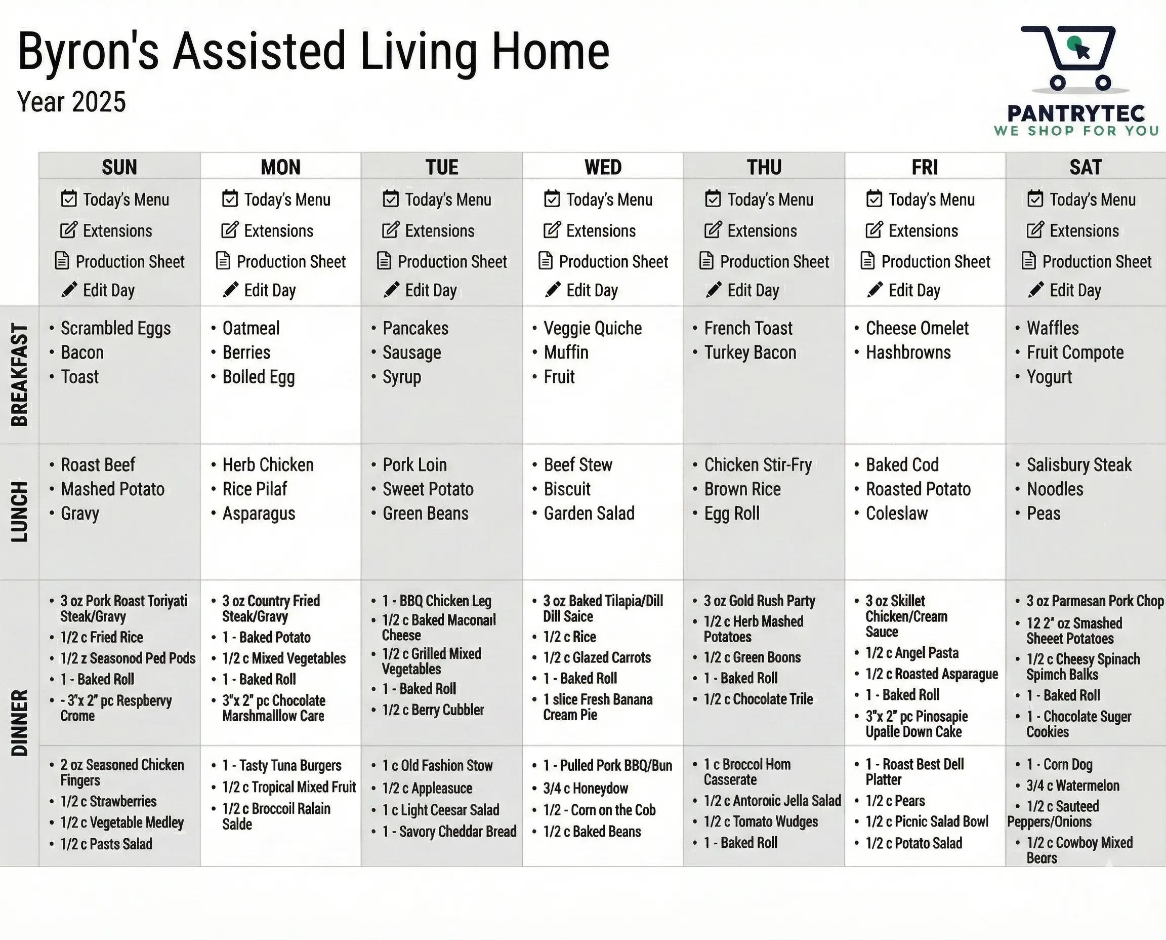 One Week Assisted Living Menu Sample