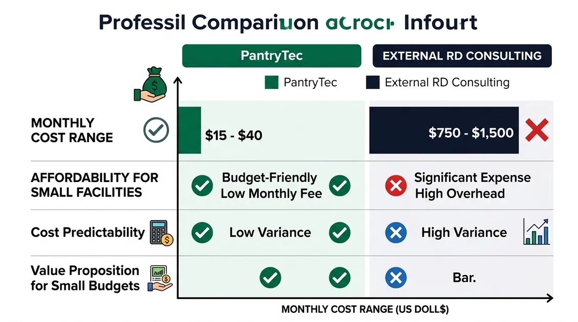 Total cost of ownership comparison infographic for a 20-bed facility using PantryTec vs external RD consulting Total cost of ownership comparison infographic for a 20-bed facility using PantryTec vs external RD consulting