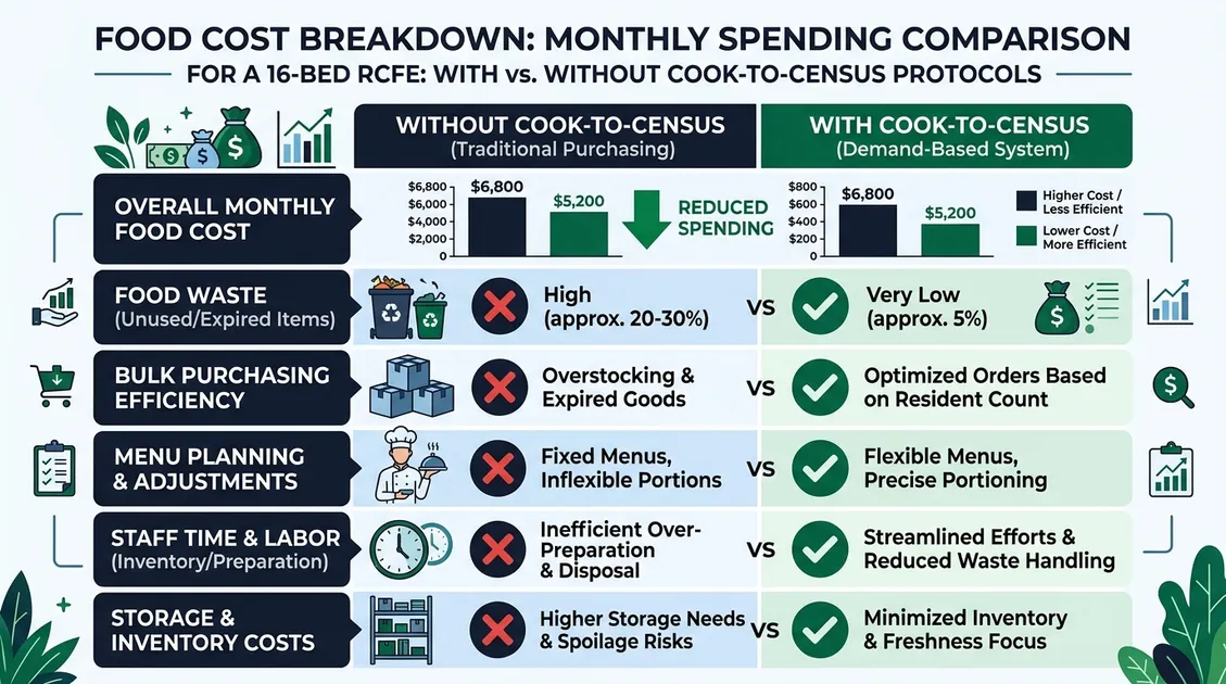 Side-by-side food cost comparison for California RCFEs with and without cook-to-census menu planning Side-by-side food cost comparison for California RCFEs with and without cook-to-census menu planning