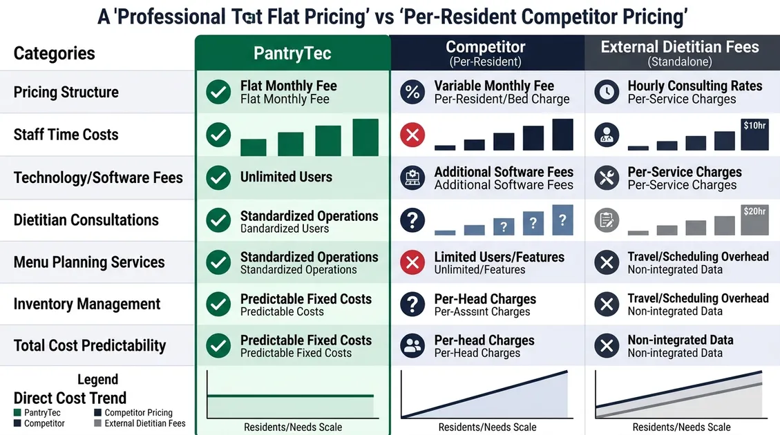 Kitchen manager reviewing weekly menu PDF next to organized ingredient prep stations