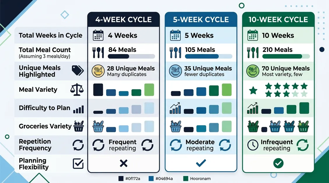 Dietitian-Approved Cycle Menus for Senior Care Facilities - Comparison diagram of 4-week, 5-week, and 6-week cycle menu rotation structures