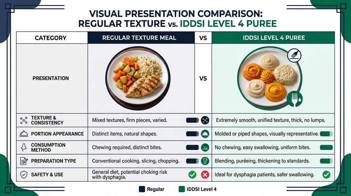 Side-by-side comparison of regular menu tray and puree IDDSI Level 4 modified texture tray