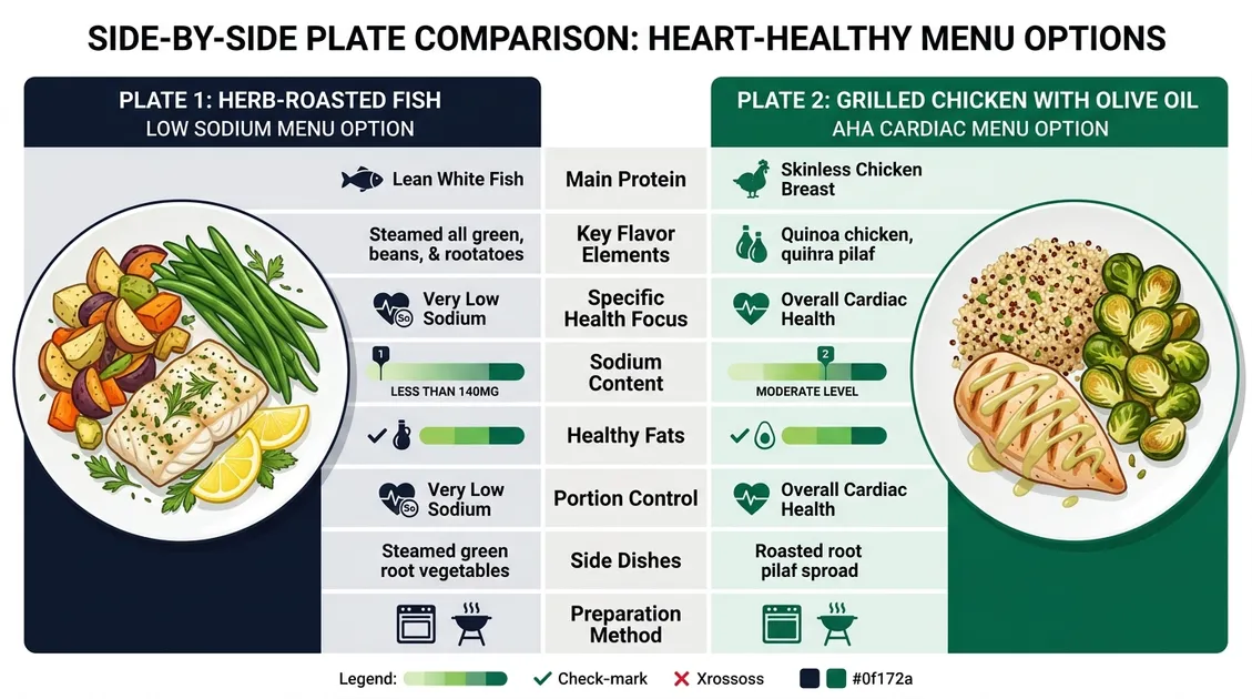 Side-by-side plate comparison showing low sodium cardiac meal versus high sodium standard meal for senior care