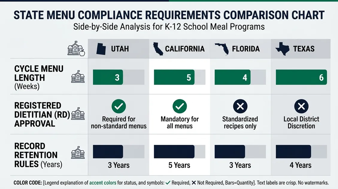 State menu requirement comparison chart for Utah California Florida Texas