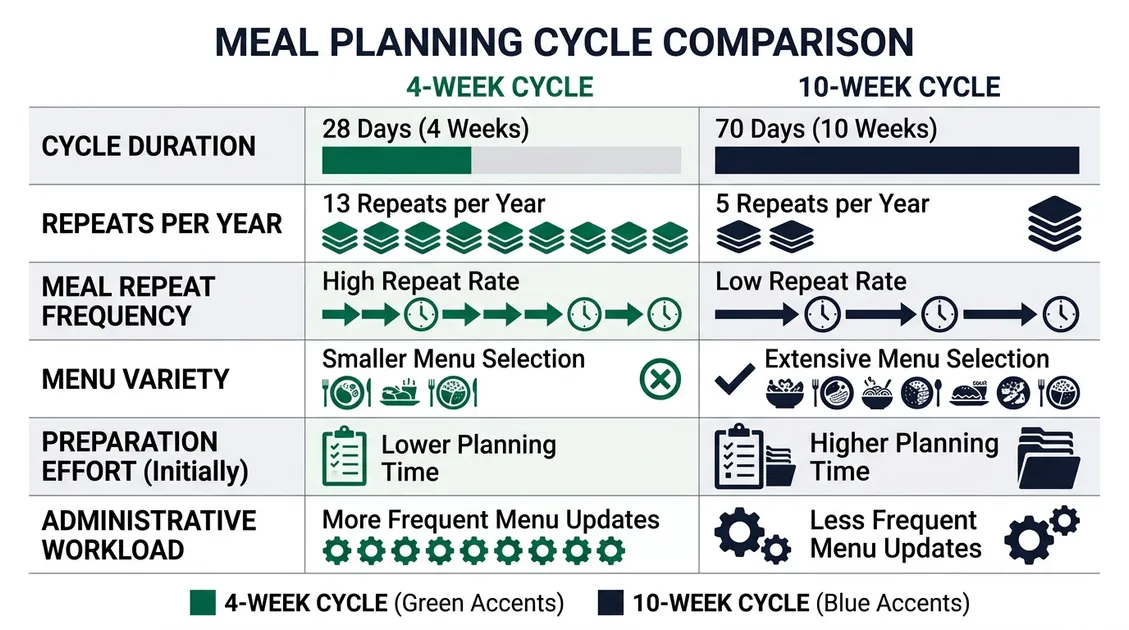 dietitian approved cycle menus - Infographic comparing 4-week versus 10-week cycle menu rotation schedules dietitian approved cycle menus - Infographic comparing 4-week versus 10-week cycle menu rotation schedules