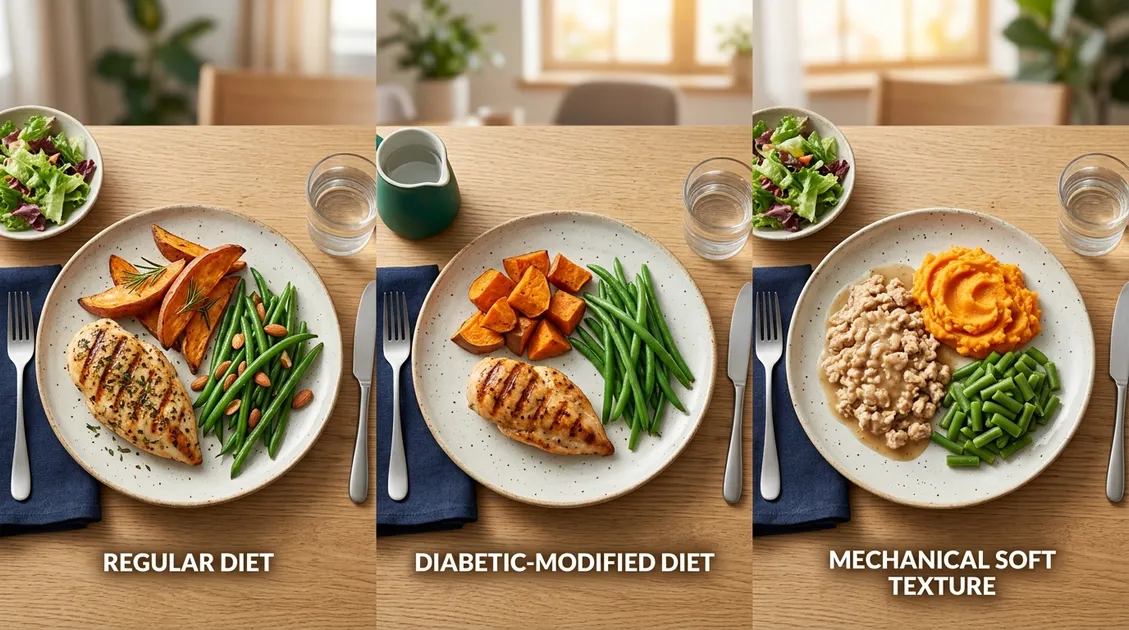 Three plated meals displayed side by side showing regular, diabetic, and mechanical soft texture diet modifications