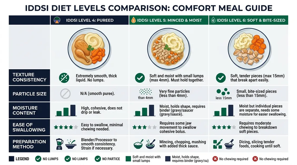 Texture-modified comfort foods showing pureed, minced, and soft options