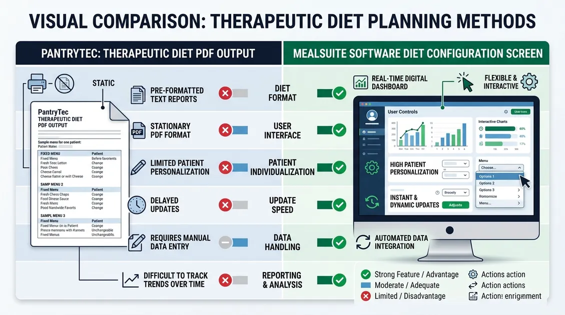 Comparison: Therapeutic diet menu PDF next to software-based diet configuration screen