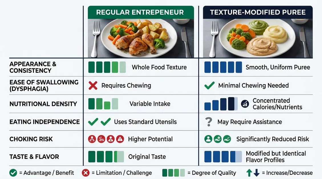 Two plated meals side by side showing regular and texture-modified versions of the same lunch entree Two plated meals side by side showing regular and texture-modified versions of the same lunch entree
