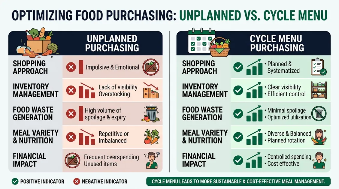 Side-by-side kitchen cost comparison of decentralized vs centralized cycle menu purchasing Side-by-side kitchen cost comparison of decentralized vs centralized cycle menu purchasing