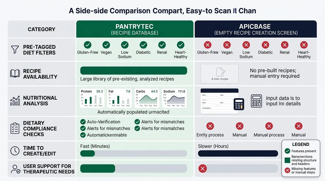 Dietitian-Approved Cycle Menus for Senior Care Facilities - Comparison chart of PantryTec pre-built recipe database versus Apicbase blank database entry screen