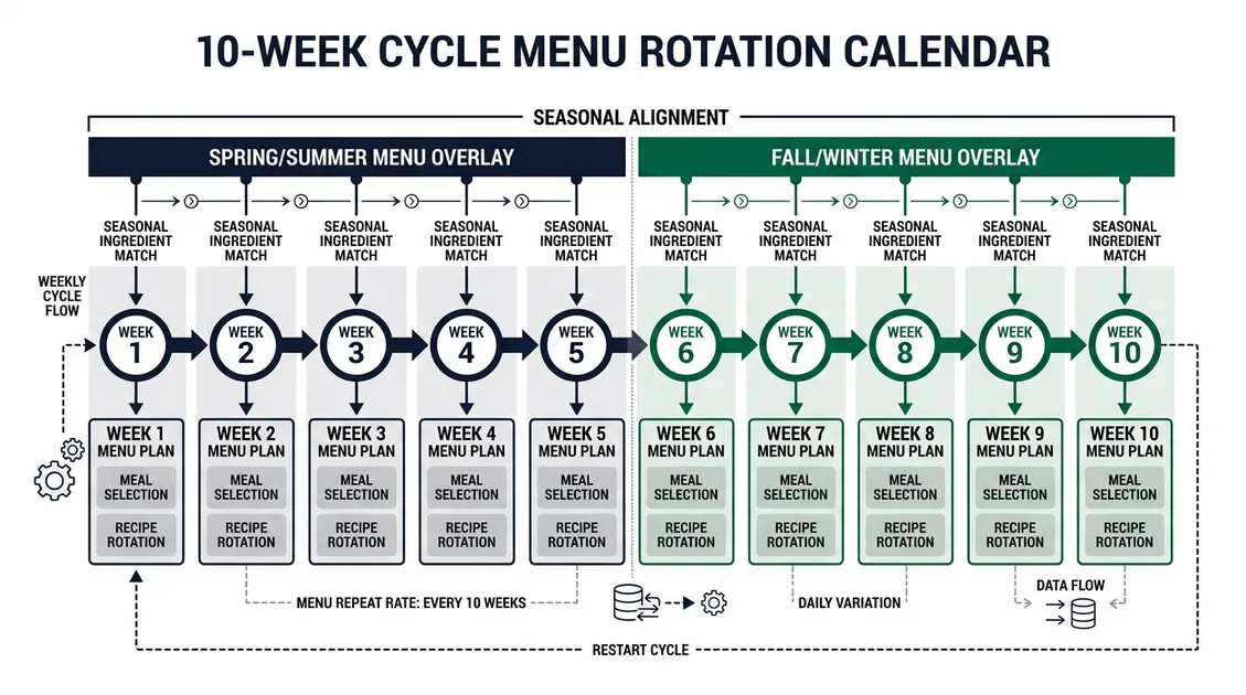 10-week cycle menu rotation calendar with seasonal adjustment overlay markers