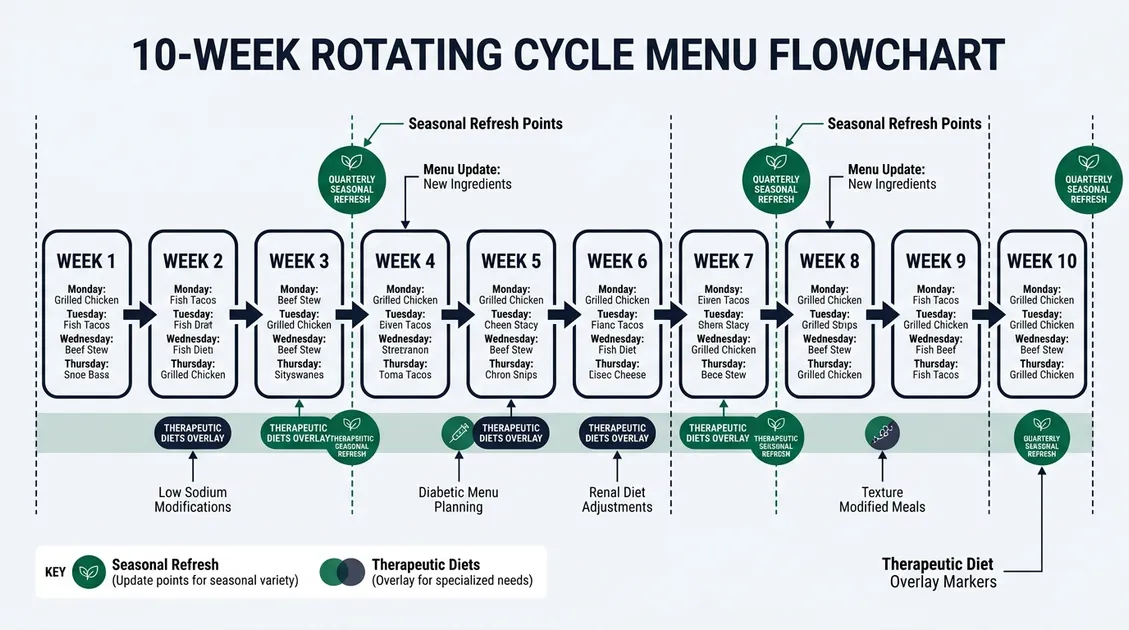Flowchart diagram showing 10-week cycle menu rotation with seasonal refresh points