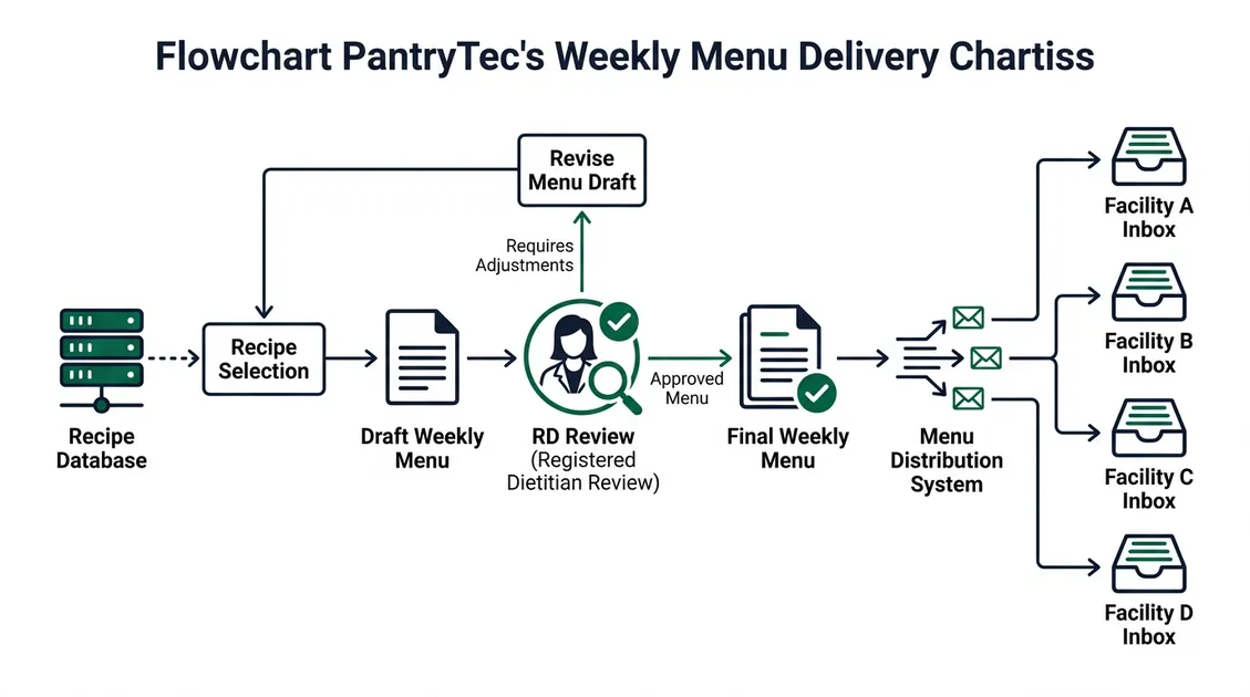 Dietitian-Approved Cycle Menus for Senior Care Facilities - PantryTec RD approval workflow diagram showing recipe to signed letter process