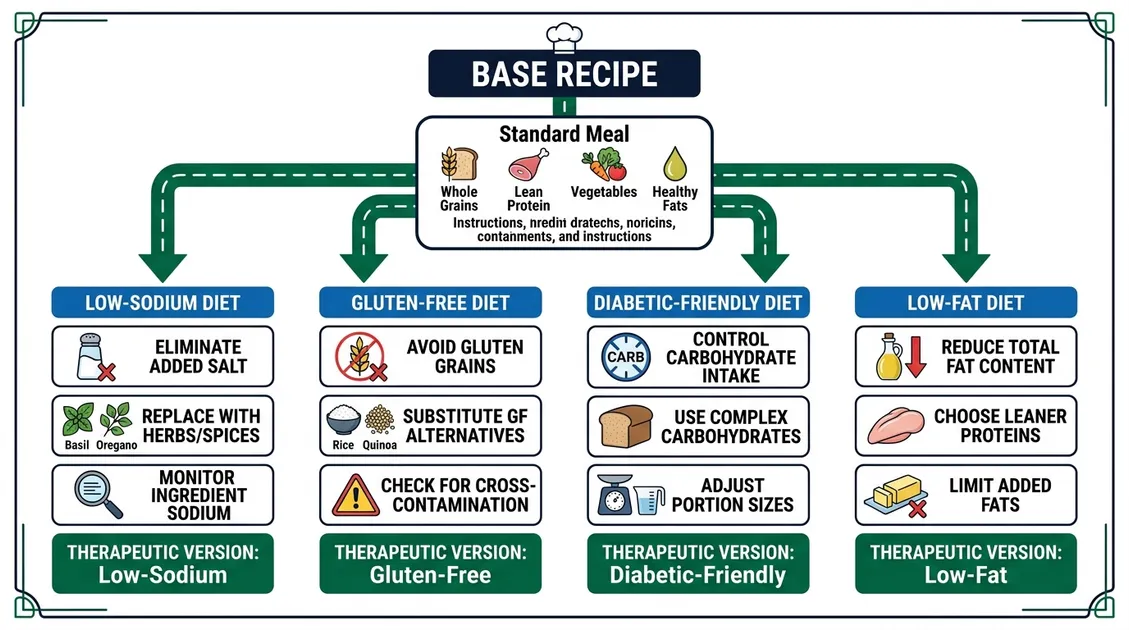 Kitchen production sheet showing a base menu with therapeutic diet modification columns Kitchen production sheet showing a base menu with therapeutic diet modification columns
