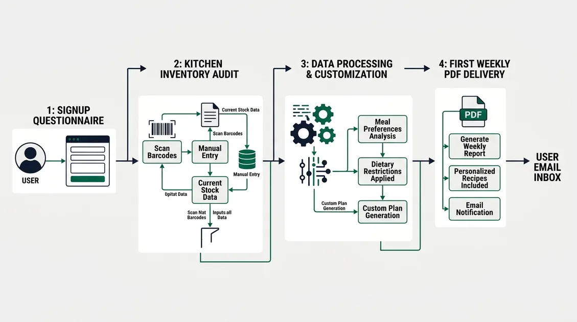 Diagram: PantryTec 4-step onboarding process flowchart from signup questionnaire to first weekly PDF delivery