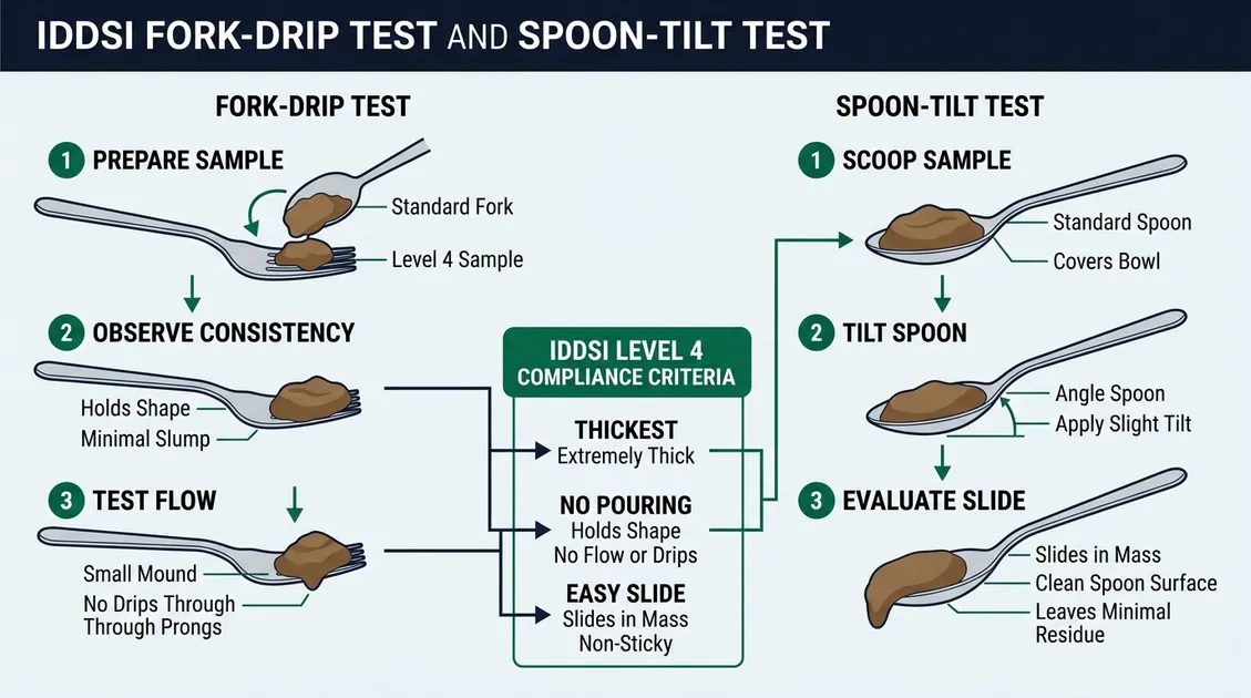 Dietitian-Approved Cycle Menus for Senior Care Facilities - Diagram showing IDDSI fork-drip test and spoon-tilt test procedures for Level 4 puree compliance