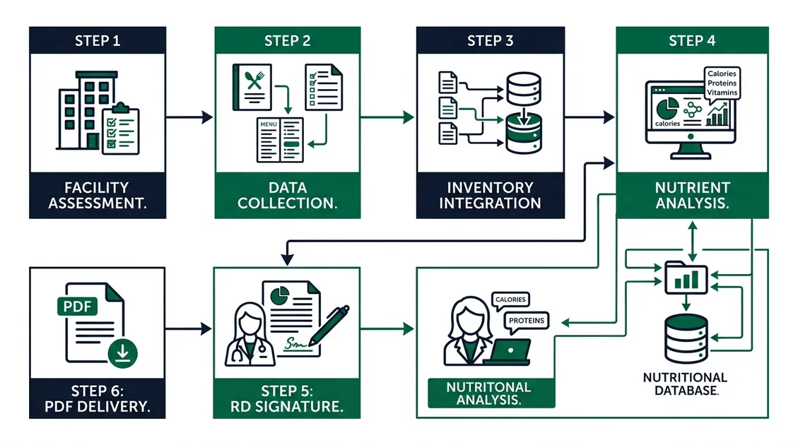 PantryTec menu development workflow diagram from assessment through RD sign-off