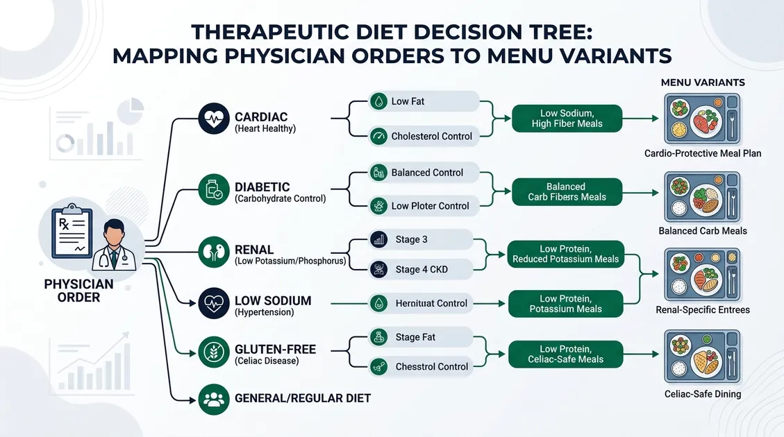 Illustration: therapeutic diet decision tree mapping physician orders to menu variants