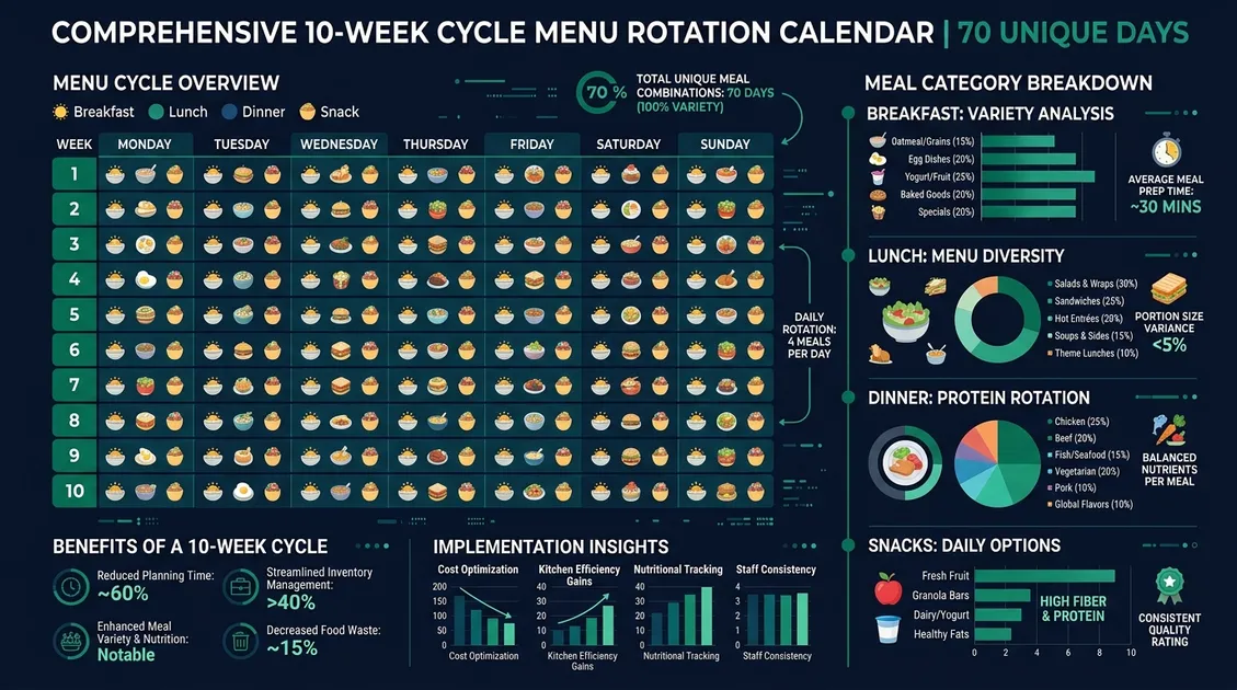 Dietitian-Approved Cycle Menus for Senior Care Facilities - Infographic showing a 10-week cycle menu rotation calendar with meal categories for breakfast lunch dinner and snacks