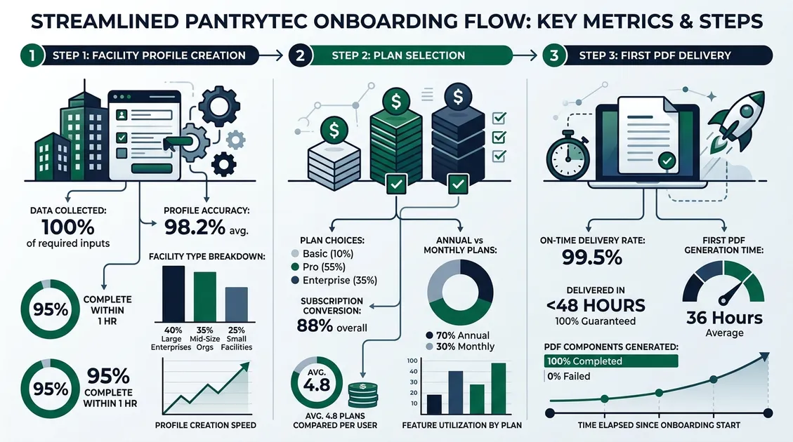 Dietitian-Approved Cycle Menus for Senior Care Facilities - PantryTec 3-step onboarding infographic showing facility profile, plan selection, and delivery timeline