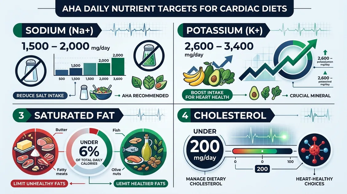AHA daily nutrient targets infographic for cardiac low sodium low fat therapeutic diet