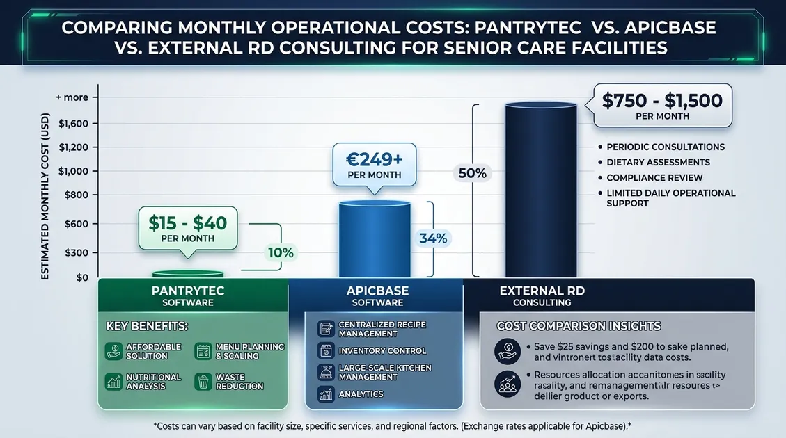 Food cost per resident day comparison infographic for manual ordering versus PantryTec cook-to-census