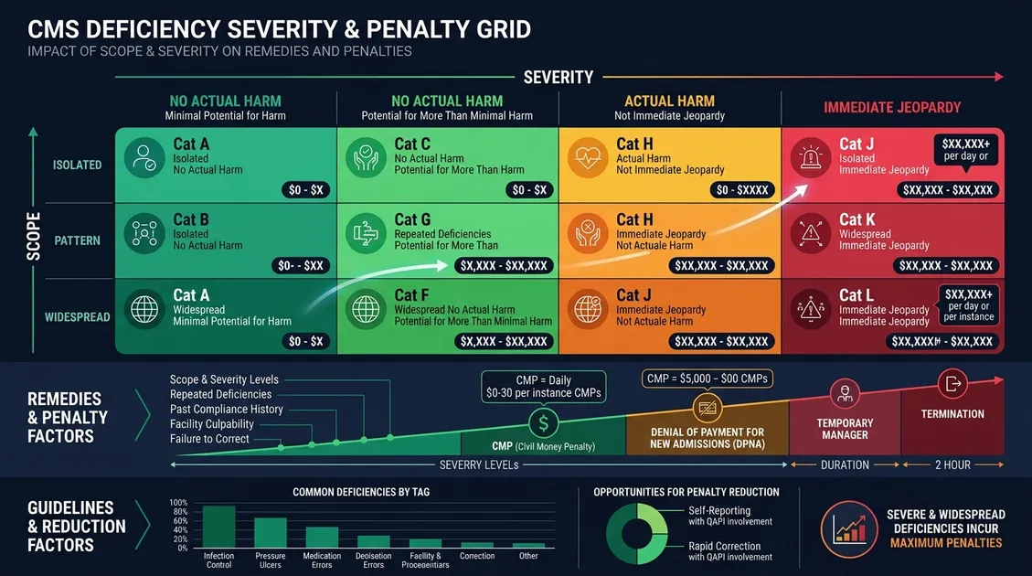 CMS deficiency severity grid infographic with penalty ranges