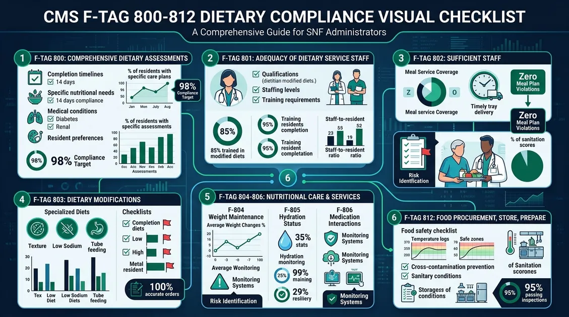 Dietitian-Approved Cycle Menus for Senior Care Facilities - CMS F-Tag 800-812 dietary compliance checklist infographic for skilled nursing facilities