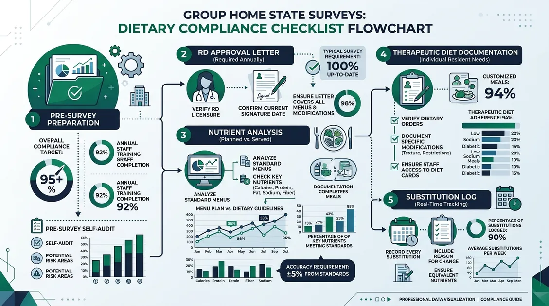 Dietitian-Approved Cycle Menus for Senior Care Facilities - Compliance checklist infographic showing RD approval letter, nutrient analysis report, and therapeutic diet documentatio
