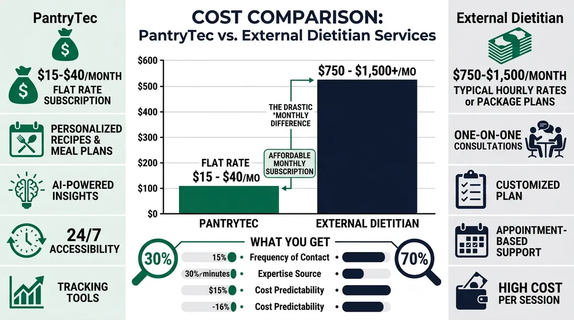 Cost comparison bar chart showing PantryTec flat rate versus external dietitian monthly fees Cost comparison bar chart showing PantryTec flat rate versus external dietitian monthly fees