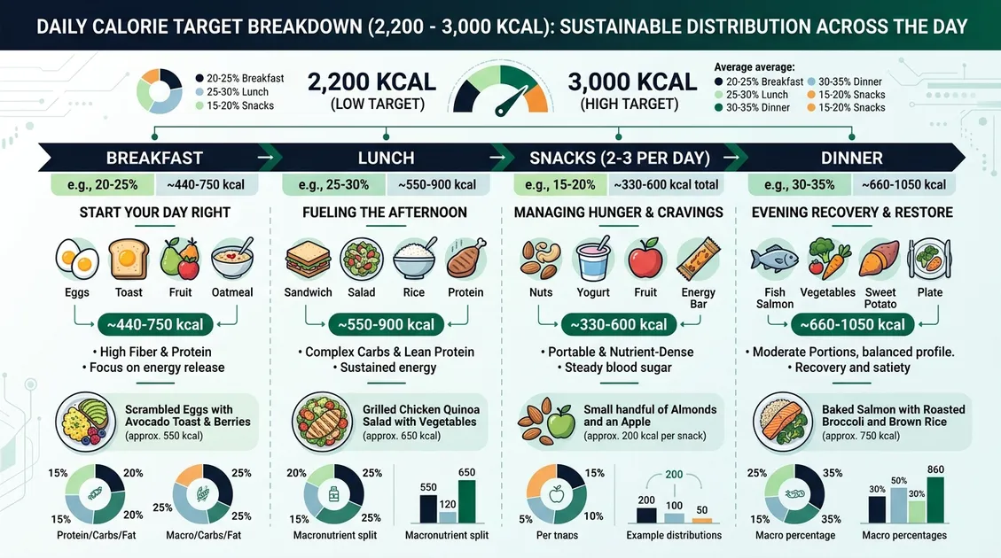 Dietitian-Approved Cycle Menus for Senior Care Facilities - Daily calorie breakdown infographic showing 2200-3000 kcal targets across meals and snacks for seniors