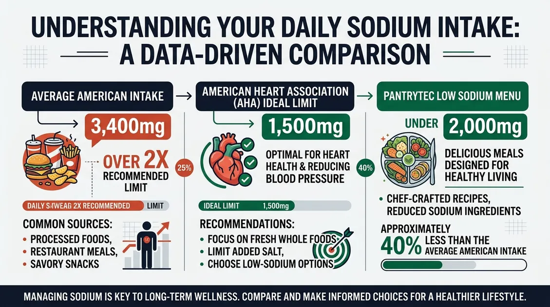 Daily sodium intake comparison infographic showing high sodium versus low sodium ingredient choices for cardiac diets