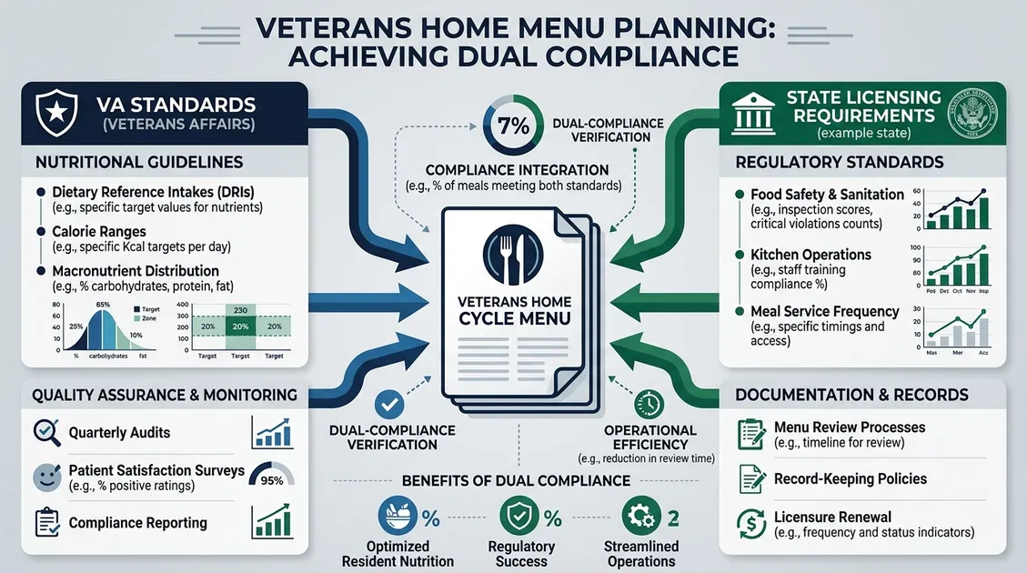 Dietitian-Approved Cycle Menus for Senior Care Facilities - Dual compliance diagram showing VA and state licensing requirements for veterans home cycle menus