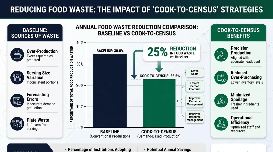 Infographic: food waste reduction bar chart (25% with cook-to-census vs baseline)