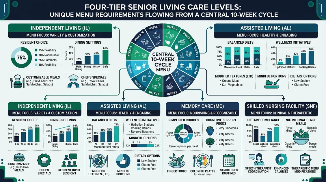 Dietitian-Approved Cycle Menus for Senior Care Facilities - Infographic showing four CCRC care levels with distinct menu requirements flowing from one cycle menu system Dietitian-Approved Cycle Menus for Senior Care Facilities - Infographic showing four CCRC care levels with distinct menu requirements flowing from one cycle menu system