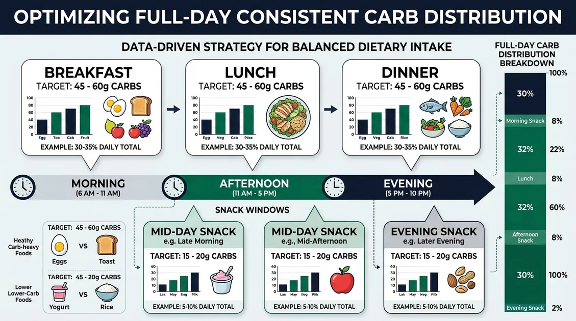 Dietitian-Approved Cycle Menus for Senior Care Facilities - Consistent carb meal planning targets infographic showing 45-60g per meal across a full day