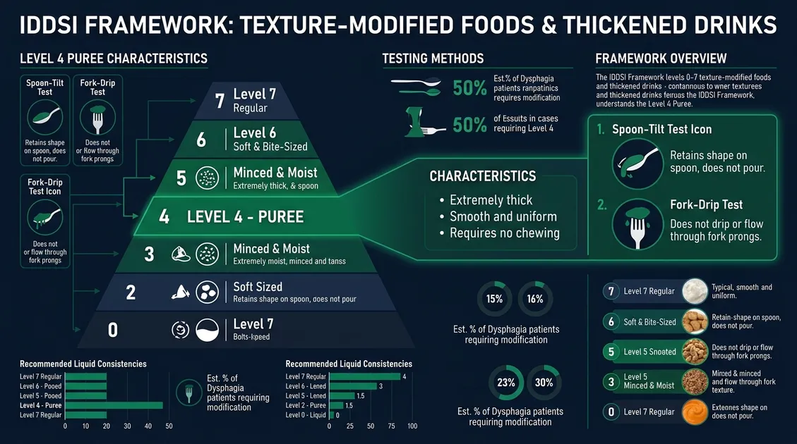 Dietitian-Approved Cycle Menus for Senior Care Facilities - IDDSI Framework levels 0 through 7 infographic with Level 4 Puree highlighted in detail
