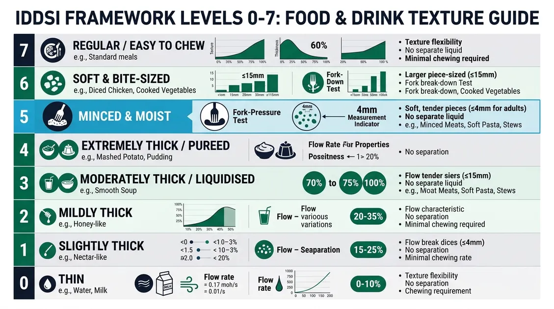 Dietitian-Approved Cycle Menus for Senior Care Facilities - IDDSI Framework levels 0-7 infographic with Level 5 minced and moist highlighted showing 4mm particle size requirement