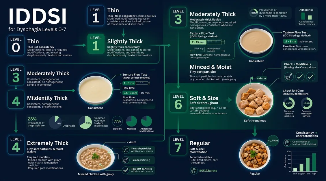 Dietitian-Approved Cycle Menus for Senior Care Facilities - IDDSI levels 0 through 7 infographic with food texture examples for memory care