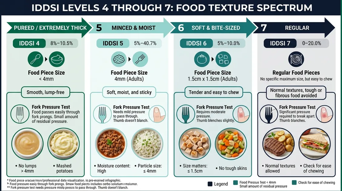 Dietitian-Approved Cycle Menus for Senior Care Facilities - IDDSI texture levels 4 through 7 comparison infographic showing food piece sizes and fork-pressure test methods