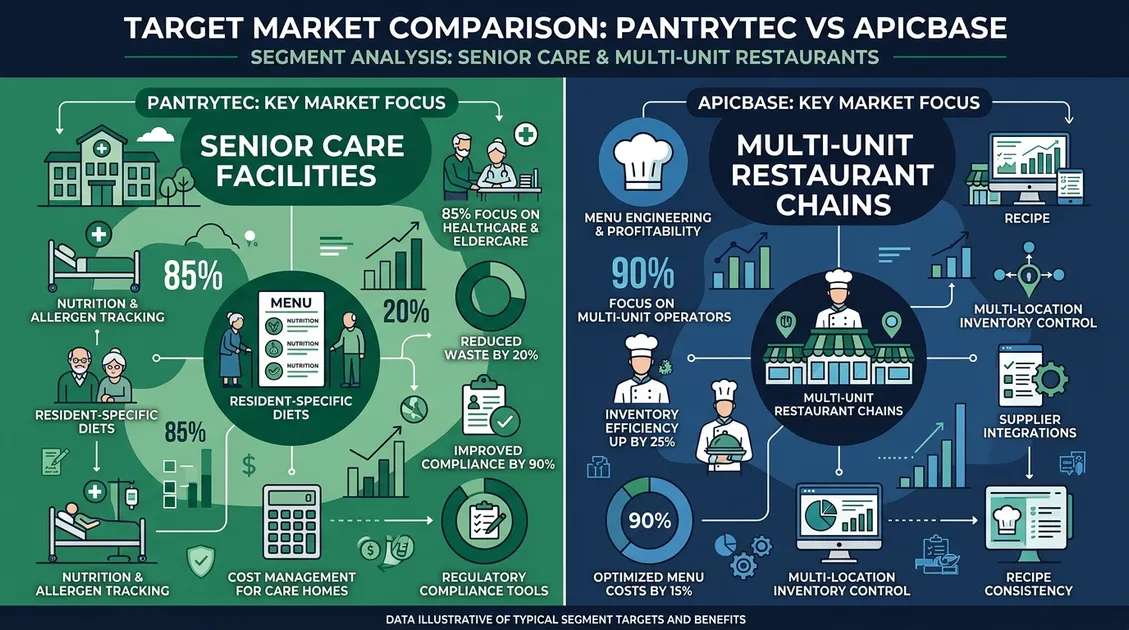 Dietitian-Approved Cycle Menus for Senior Care Facilities - PantryTec versus Apicbase target market infographic showing senior care and restaurant segments