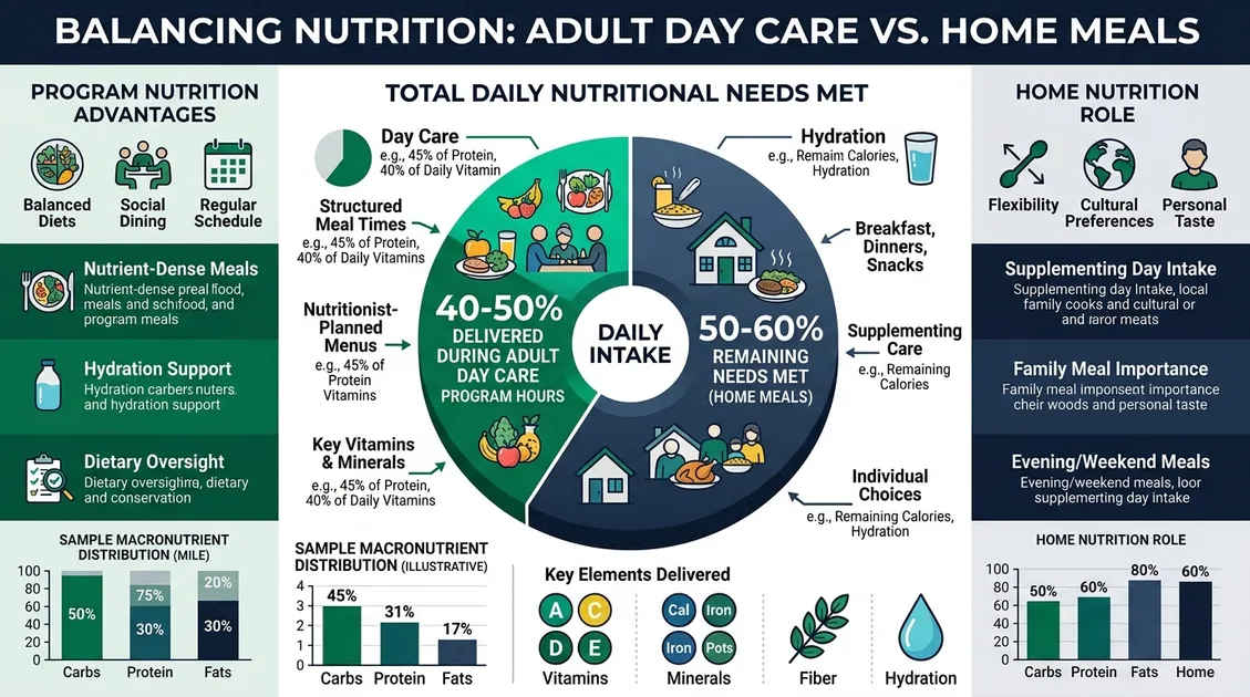 Dietitian-Approved Cycle Menus for Senior Care Facilities - Pie chart showing 40 to 50 percent of daily nutritional needs delivered during adult day care hours Dietitian-Approved Cycle Menus for Senior Care Facilities - Pie chart showing 40 to 50 percent of daily nutritional needs delivered during adult day care hours