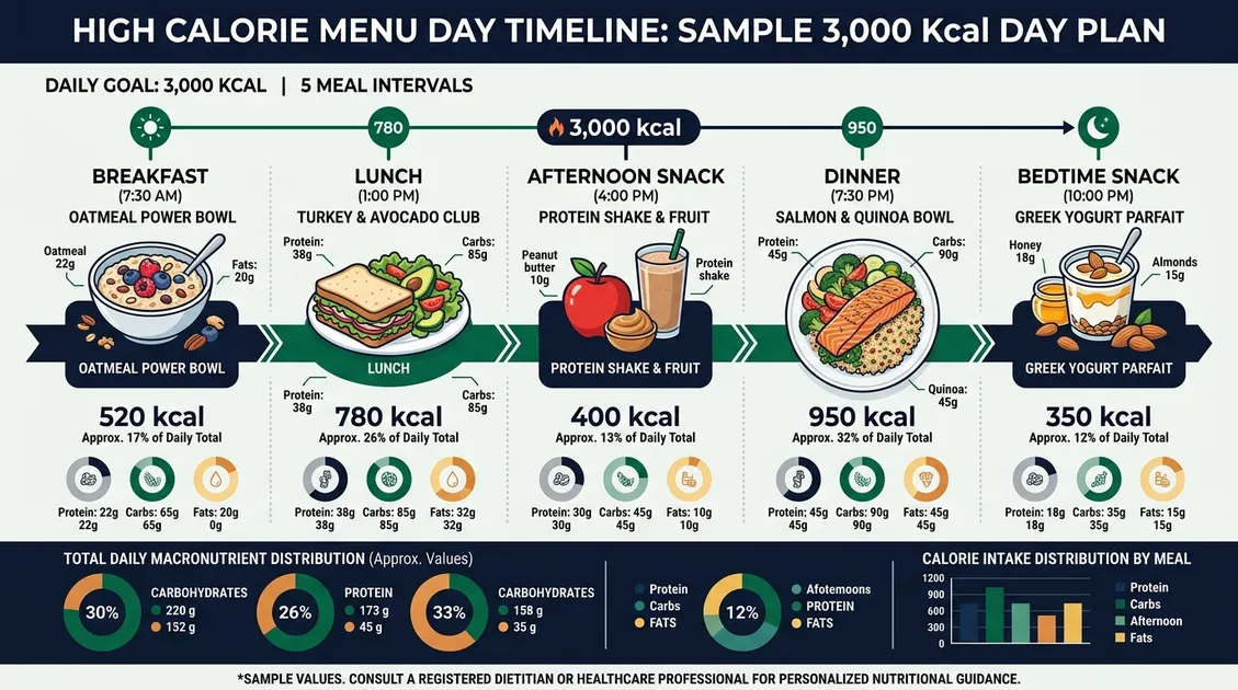 Sample high calorie menu day infographic showing meal-by-meal calorie breakdown totaling 3000 kcal