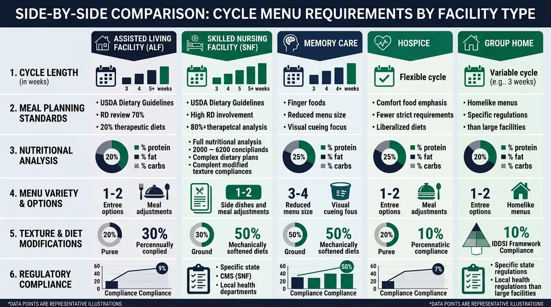 Dietitian-Approved Cycle Menus for Senior Care Facilities - Infographic comparing cycle menu requirements across five senior care facility types