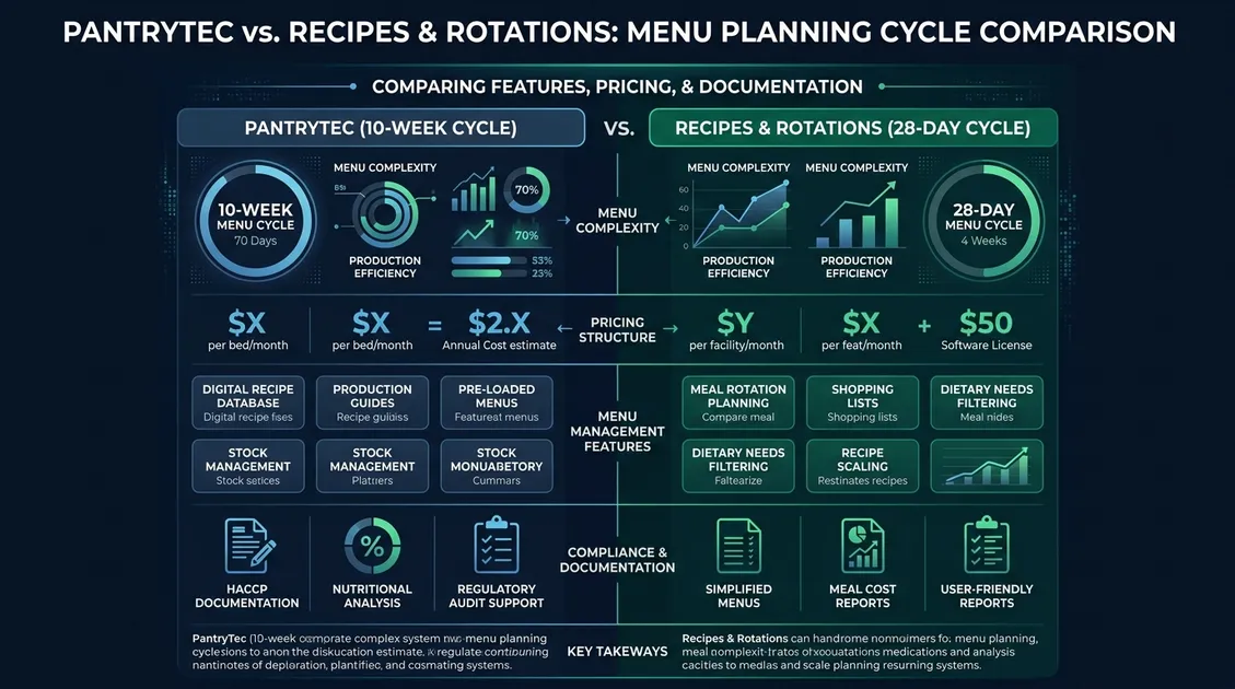 Dietitian-Approved Cycle Menus for Senior Care Facilities - Side-by-side comparison infographic of PantryTec and Recipes & Rotations features and pricing