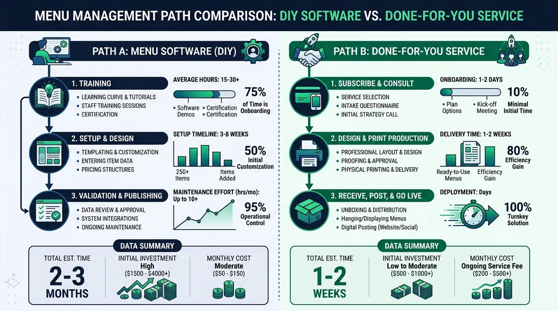 Dietitian-Approved Cycle Menus for Senior Care Facilities - Comparison infographic showing menu software vs done-for-you service decision paths with key statistics