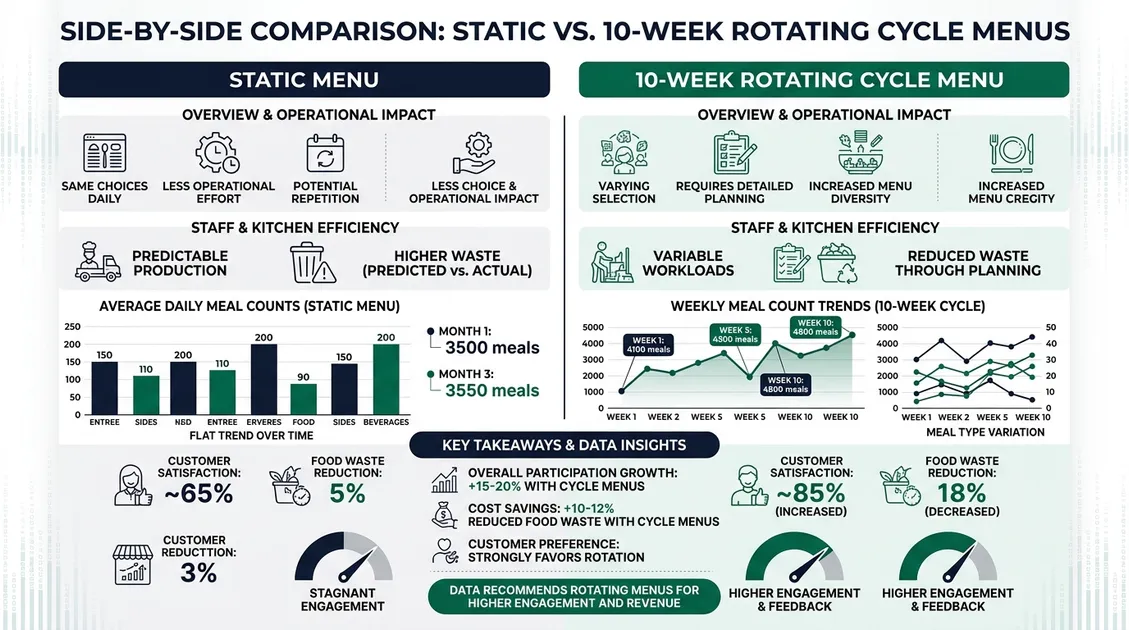 dietitian approved cycle menus - Side-by-side comparison infographic of static menus versus 10-week rotating cycle menus