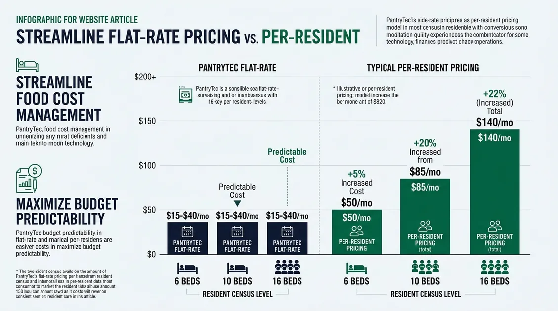 Infographic comparing PantryTec flat-rate pricing at $15-$40 per month versus per-resident competitor pricing models