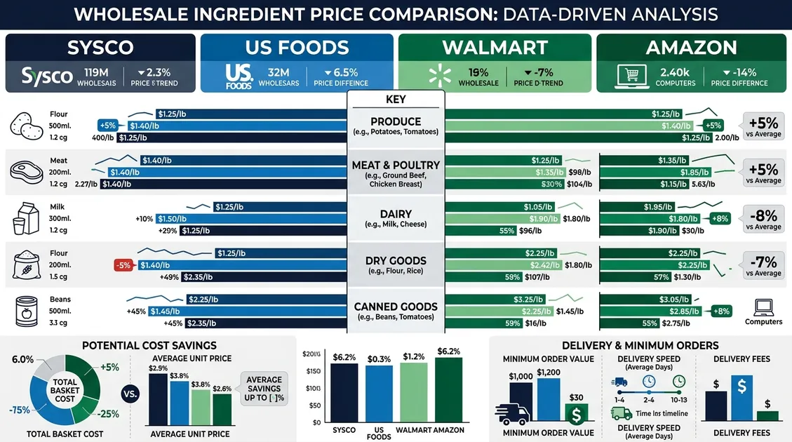 Infographic comparing PantryTec wholesale pricing across Sysco, US Foods, Walmart, and Amazon